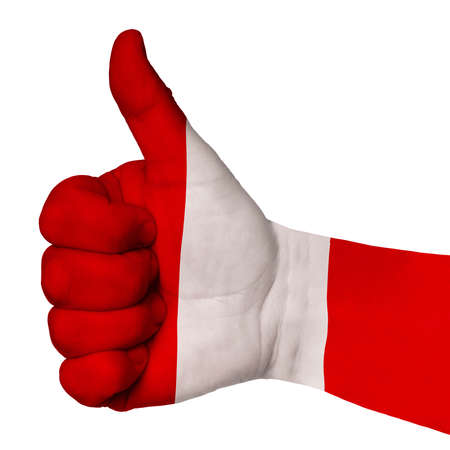 Hand with thumb up gesture in colored peru national flag as symbol of excellence, achievement, good, - for tourism and touristic advertising, positive political, social management of countryの写真素材