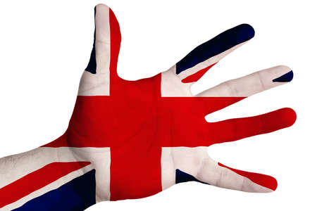 Open palm with the image of the flag of Great Britain. Multipurpose concept. Image on a white background. Isolateの写真素材