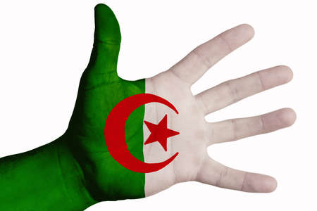 A man showing the flag of Algeria in the palm of his hand. Image on a white backgroundの写真素材