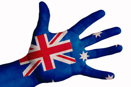 Open hand, multi purpose concept, Australia flag painted - isolated on white backgroundの写真素材