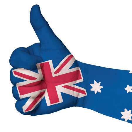 Australia flag on thumb up gesture like icon. White background, isolate.の写真素材