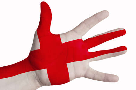 Open palm with the image of the flag of England. Multipurpose concept. Image on a white background. Isolateの写真素材