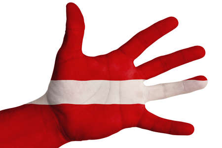 Open hand with the image of the flag of Latvia. Multipurpose concept. Image on a white background. Isolateの写真素材