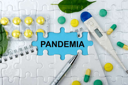 Double exposure. Puzzles with the image of tablets, a notebook, a thermometer and a pen with the inscription -PANDEMIA. The concept of medicine.の写真素材