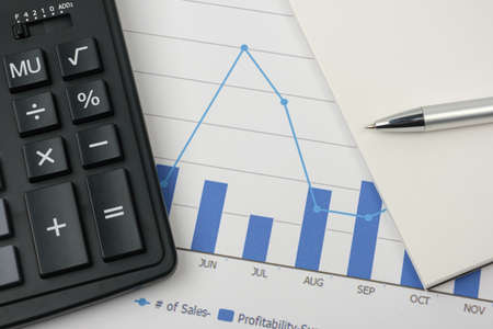 Graphs, charts and business tables. Workplace of business people. Financial conceptの写真素材