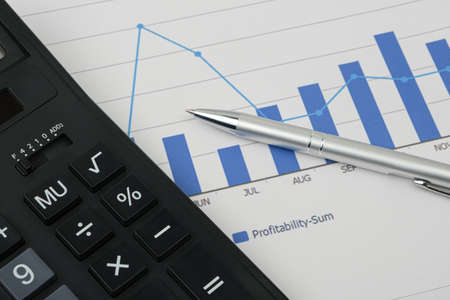 Graphs, charts and business tables. Workplace of business people. Financial conceptの写真素材
