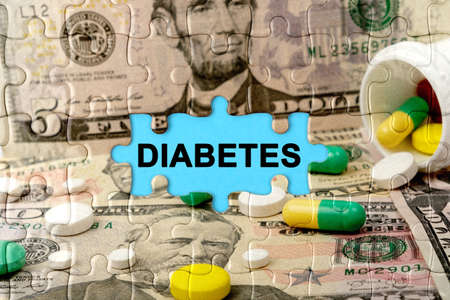 Double exposure. Puzzles depicting pills and dollars with the inscription -DIABETES. The concept of medicine.の写真素材