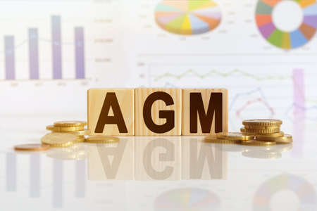 Annual General Meeting. AGM the word on wooden cubes, cubes stand on a reflective surface, in the background is a business diagram. Business and finance conceptの写真素材