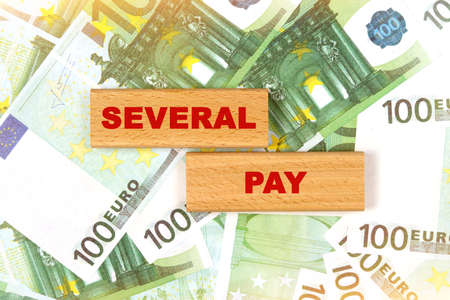 Business concept. Against the background of euro bills, the text is written on wooden blocks - several payの写真素材