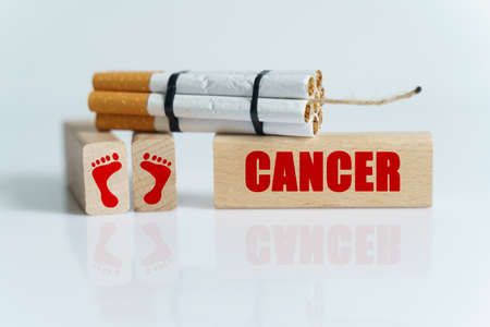 The concept of medicine is the fight against smoking. Cigarettes were twisted into a dynamite checker, and the wick was on wooden dies on which it was written - CANCERの写真素材