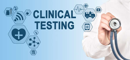 Clinical testing research, Pharmacy and Medicine concept on screen. Doctor with stethoscope.の写真素材