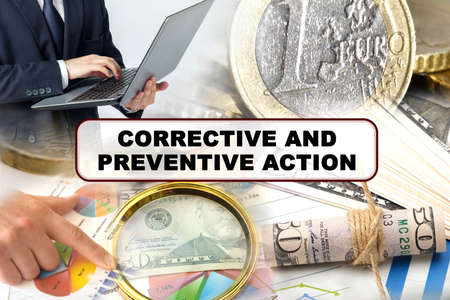 Business concept. Photo collage of photographs on financial topics, the inscription in the center - CORRECTIVE AND PREVENTIVE ACTIONの写真素材