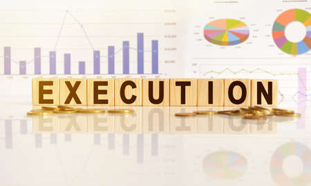 EXECUTION the word on wooden cubes, cubes stand on a reflective surface, in the background is a business diagram. Business and finance conceptの写真素材