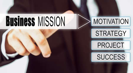 Finance and business concept. Businessman presses button on the interactive screen with the inscription - Business Missionの写真素材