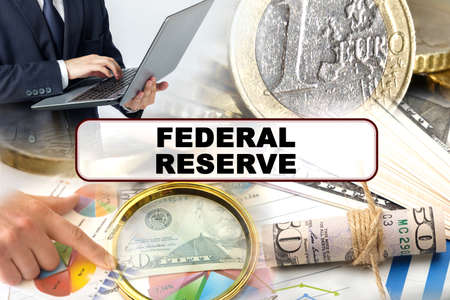 Business concept. Photo collage of photographs on financial topics, the inscription in the center - FEDERAL RESERVEの写真素材