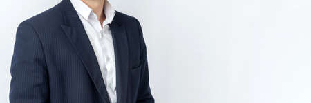 Portrait of a businessman, face not visible. White background. Business and finance conceptの写真素材