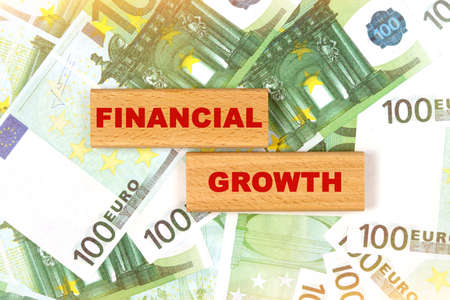 Business concept. Against the background of euro bills, the text is written on wooden blocks - financial growthの写真素材