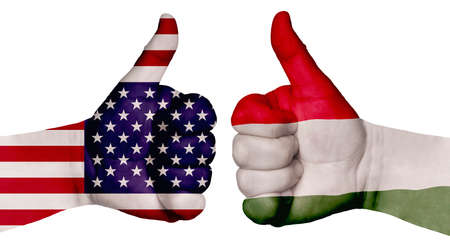 The concept of strengthening the relationship of nations. Two hands are painted with flags of different countries, with a thumb raised up. Italy and the USAの写真素材