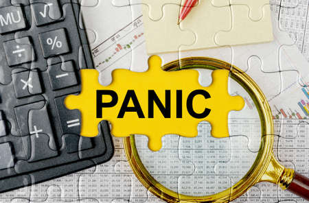 Business concept. Puzzle with a calculator, magnifying glasses and financial documents in the center inscription -PANICの写真素材
