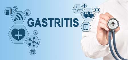 GASTRITIS diagnosis medical and healthcare concept. Doctor with stethoscope.の写真素材