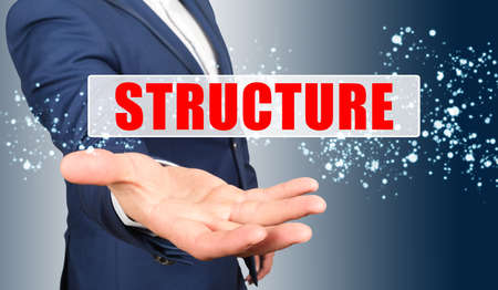 Finance and business concept. A businessman holds his hand, palm up, above the palm the inscription - STRUCTUREの写真素材
