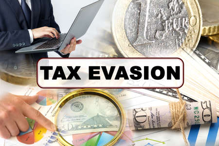 Business concept. Photo collage of photographs on financial topics, the inscription in the center - TAX EVASIONの写真素材