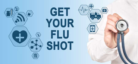 GET YOUR FLU SHOT Concept on Interface Touch Screen. Doctor with stethoscope.の写真素材
