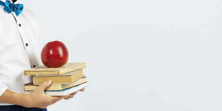 Pupil holding books and apple in hands, isolated background. Education conceptの写真素材