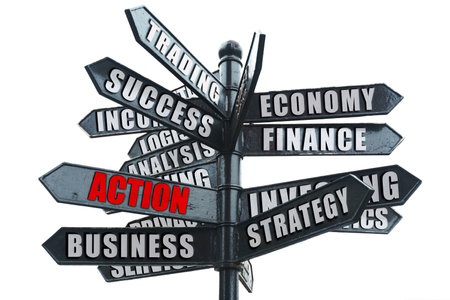 Business and finance concept. Business road sign, on one of the arrows the inscription in red - ACTIONの写真素材