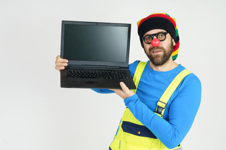 Celebration and communication concept. A clown in bright clothes holds an open laptop.の写真素材