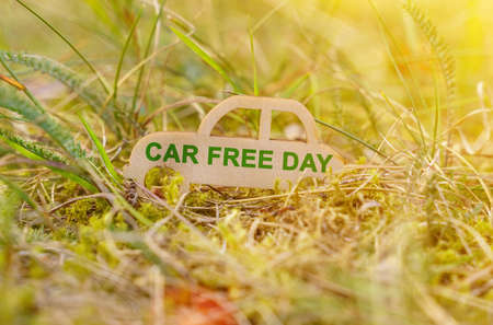 Ecology and transportation concept. There is a wooden car in the grass that says - Car free dayの写真素材