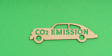 Ecology and transportation concept. On a green background, a wooden car with the inscription - co2...