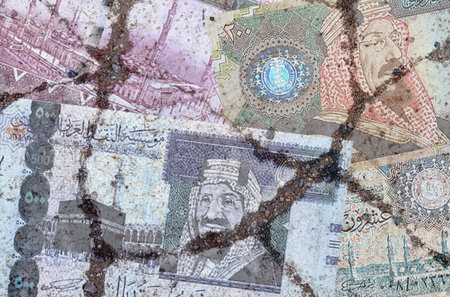 Business and finance concept. On the cracked asphalt there is an image of the Saudi rial.