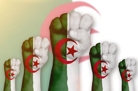 The flag of Algeria is drawn on a clenched fist and in the background. The concept of protest, power and strength.の写真素材
