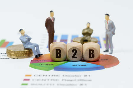 On financial reports with diagrams, figures of businessmen and wooden cubes with the inscription - B2Bの写真素材