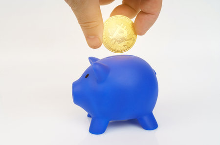 Cryptocurrency and business concept. On a white surface, a blue piggy bank - a pig. A man puts bitcoin in a piggy bank.の写真素材