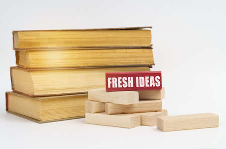 education concept. On a white surface, a stack of books and wooden blocks, on a red block there is...