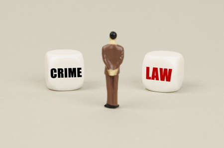 business concept. A human figurine stands in front of white cubes with inscriptions - Crime or Law