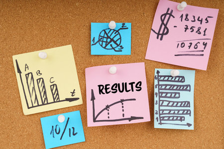 business concept. On the board are stickers with graphs and diagrams and the inscription - RESULTS