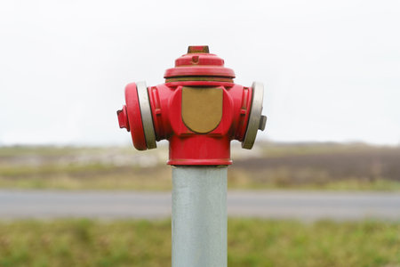 A bright red fire hydrant stands beside the road.