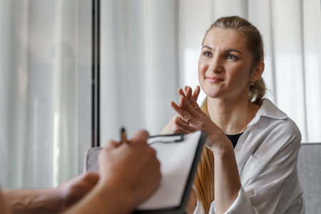 At the reception of a male psychologist, a woman who talks about herself makes notes.
