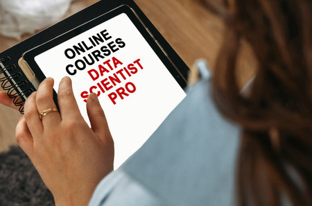 online learning concept. A woman holds a tablet in her hands on the screen of which it is written -...