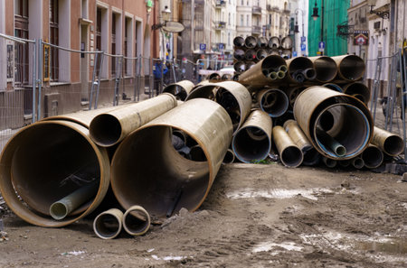 Pipelines of different diameters lie behind a fence on a city street. Reconstruction of communications.の写真素材