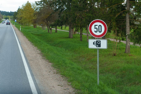 Road sign maximum speed limit 50, fixing speed by camera.の写真素材