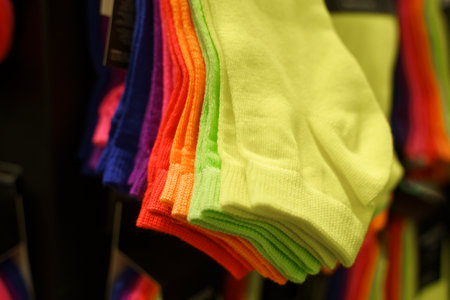 Bright women's socks on the counter in a store. Close-up.の写真素材
