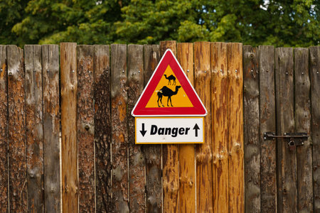 A warning sign about the danger of wild animals hangs on a wooden fence. Close-up