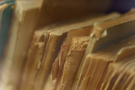 Old books stand in a row on the showcase. Close-up. background image.の写真素材