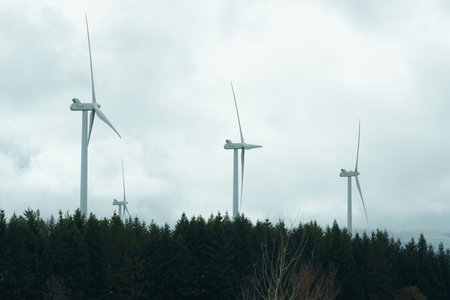 Wind turbines rise above the forest against a cloudy sky.