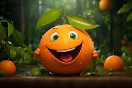 Cheerful animated orange with a smile on his face. Funny animated heroes of the garden. Generative AIの素材