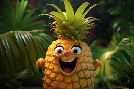Cheerful animated pineapple with a smile on his face. Funny animated heroes of the garden. Generative AIの素材